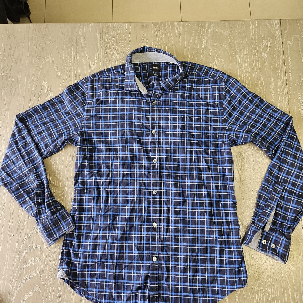 HUGO BOSS MENS DRESS SHIRT  BLUE FLANNEL 100 COTTON CASUAL LONG SLEEVE SIZE L